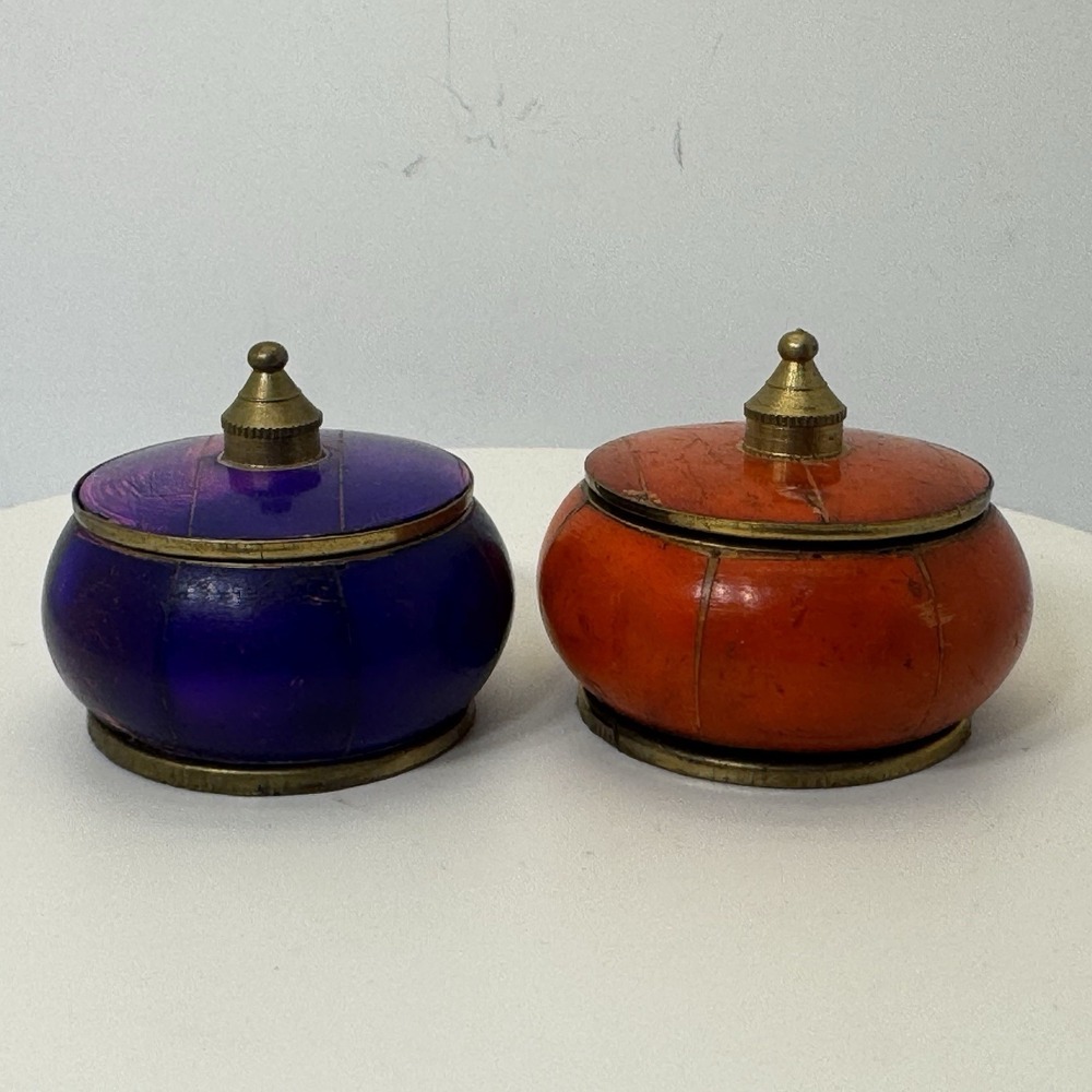 Vintage Set Of 2 Stone Brass Trinket Box Tea-light Candle Holders Purple Orange